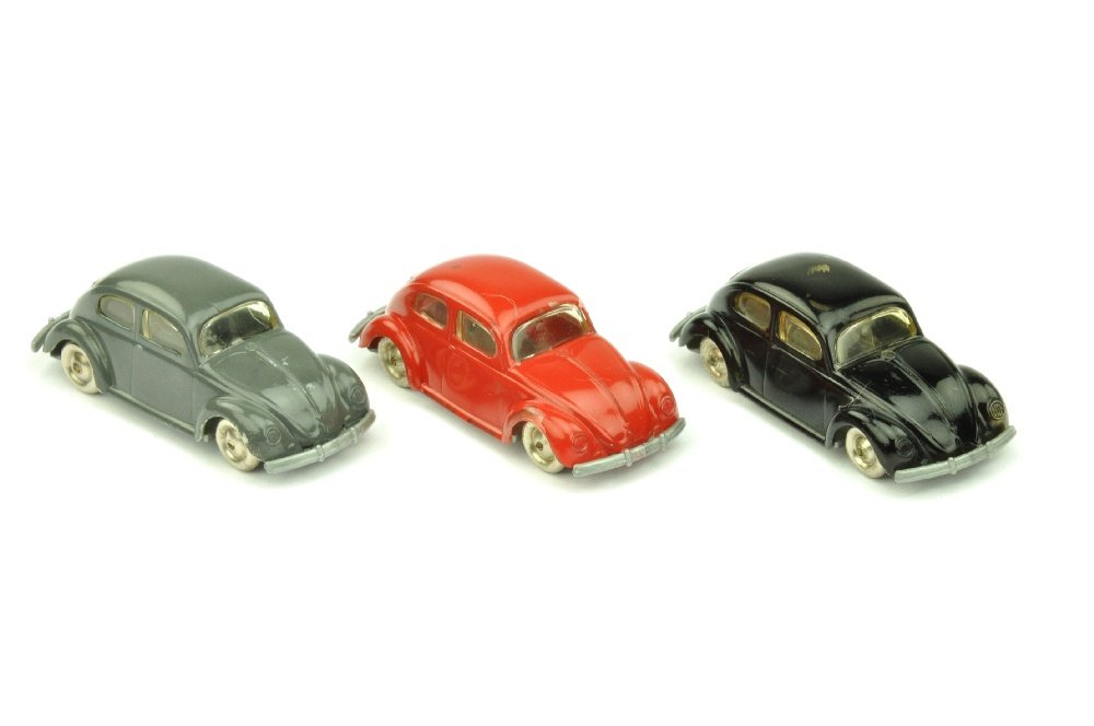 LEGO - Konvolut 3 VW Kaefer (Langversion): alles lackierte Versionen, schwarz (Lackfehler auf Dach), braunrot (zahlreiche Lackfehler) und basaltgrau (minimaler Haarriss an Dachkante), sonst alle sehr gut
