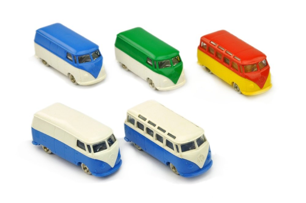 LEGO - Konvolut 5 VW T1: 3 Kastenwagen und 2 Sambabusse, alles Versionen ohne Blinker, sehr gut bis neuwertig