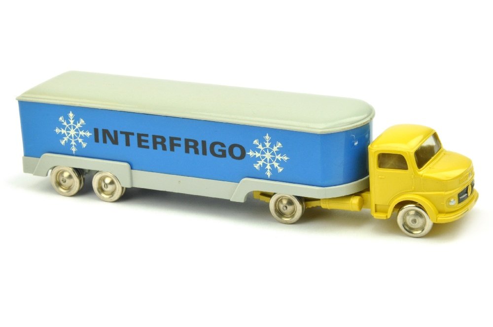 Lego - Sattelzug MB 1413 Inter Frigo (4-achsig): Zugmaschine ocker, Auflieger blau, sehr gut bis neuwertig