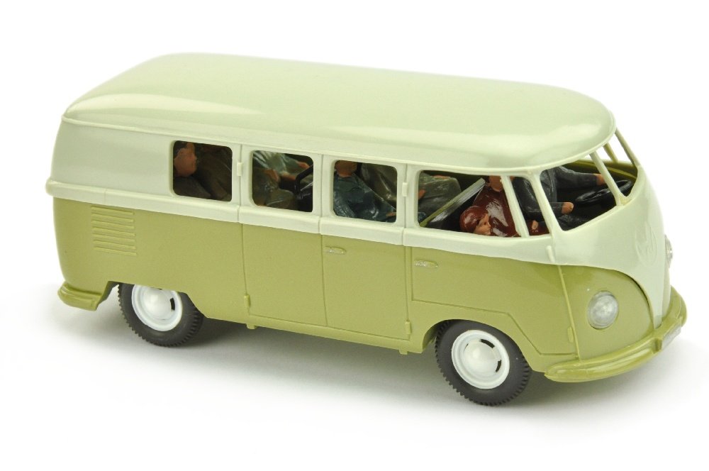 VW Bus (Typ 2), perlweiss/d'-lindgruen: 1519/1J, ohne Gepaeck, Oberteil mit zwei unauffaelligen Standardrissen (die von innen geklebt und bei aufgestecktem Dach nicht erkebnnbar sind), sonst fast neuwertig (Wiking Grosser Massstab)
