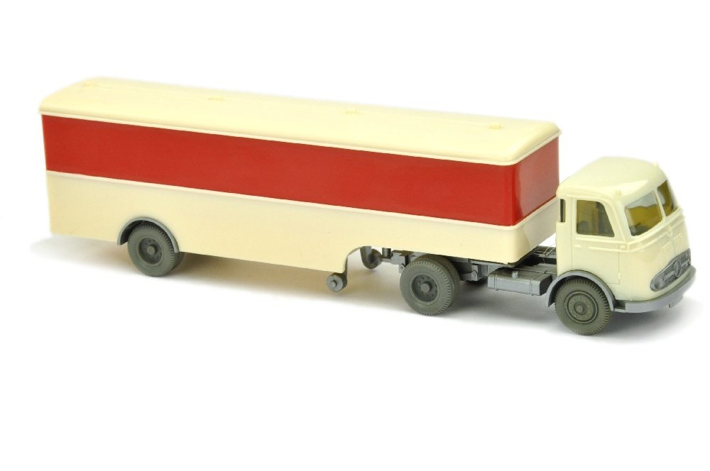 Koffer-Sattelzug Pullman unbeschriftet: 761/1BF, erste Version mit hohem Steg vor den Stuetzrollen, neuwertig (Wiking Verglaster LKW)
