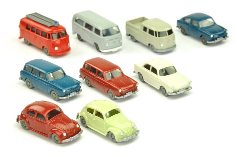 Konvolut 9 VW-PKW der 60er Jahre: 301/2A, 301/3A, 307/1I, 308/1A, 308/1C, 309/1A, 327/1F, 330/1G, 1046/1B, 220 EUR, alle neuwertig (Wiking Konvolut)