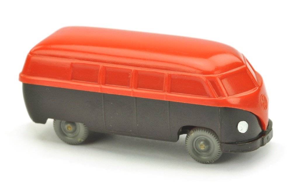 VW T1 Bus, orangerot/braunschwarz: 140/3C, neuwertig (Wiking Unverglaster Rollachser)