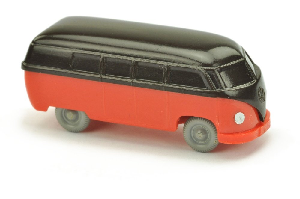 VW T1 Bus, braunschwarz/orangerot: 140/3I, neuwertig (Wiking Unverglaster Rollachser)