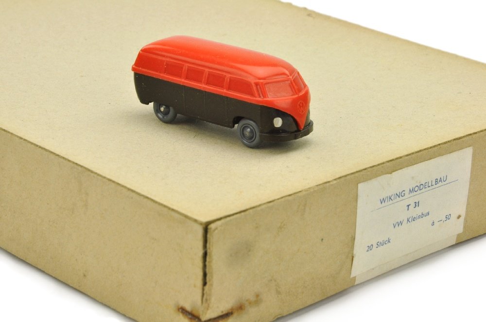 Haendlerkarton mit 1x VW T1 Bus (Typ 3): um 1955, 20er-Karton, bestueckt mit 140/2AH, Modell neuwertig, Karton sehr gut (Wiking Zubehoer)