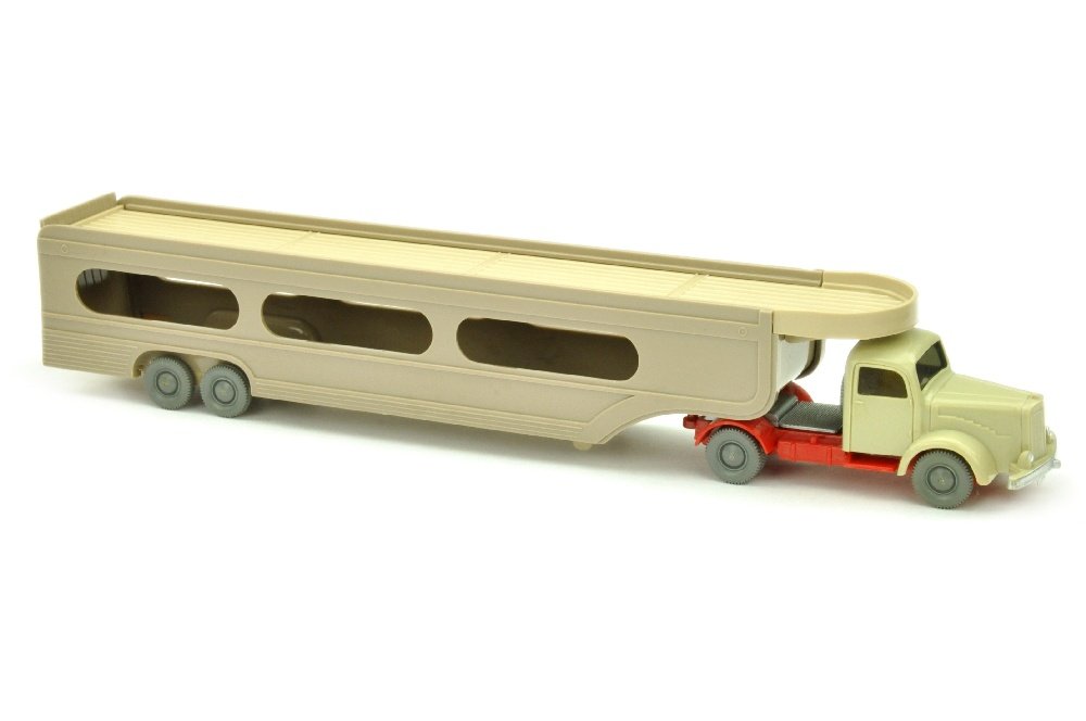 PKW-Transporter MB 5000, hellgelbgrau/rot: 823/2, im Handbuch noch fehlende Zugmaschinenversion mit BP "WMiK", bei dieser wurden "unverglaste" Chassis mit manuell gekuerzter Vorderlasche verwendet), neuwertig (Wiking Verglaster LKW)