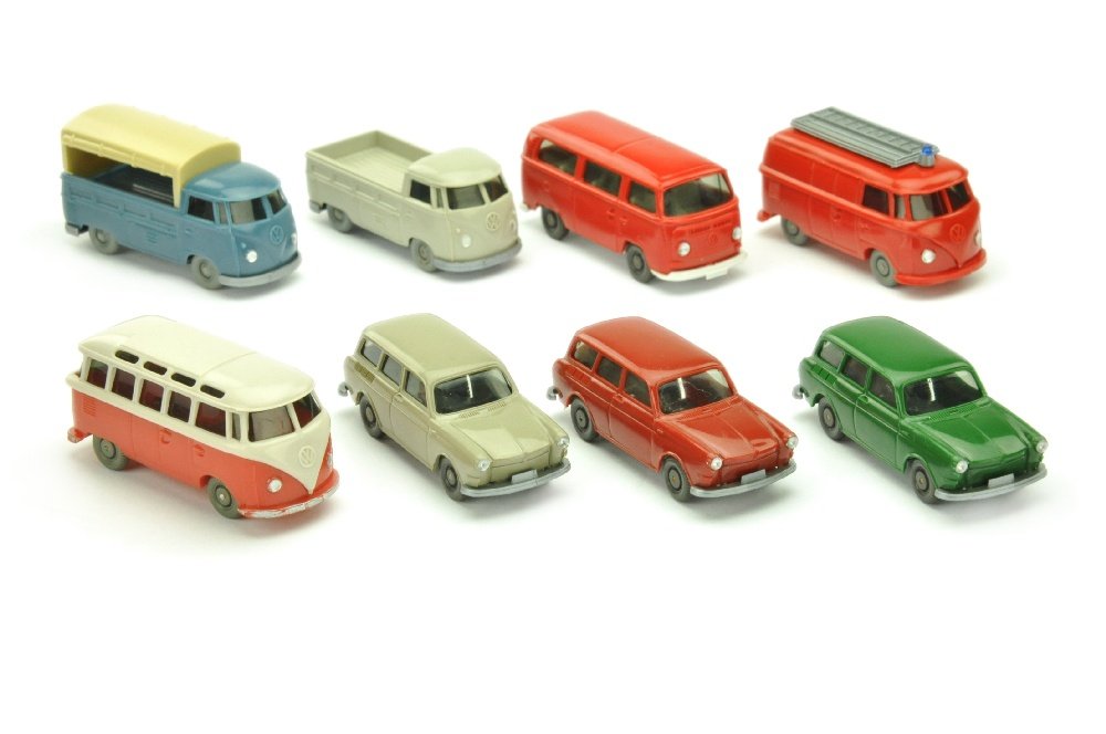 Konvolut 8 VW-PKW der 60er/70er Jahre: 308/4A, 308/4C, 308/4D, 325/2I, 326/2D, 326/2H, 330/1B, 1044/1, 190 EUR, sehr gut bis neuwertig (Wiking Konvolut)
