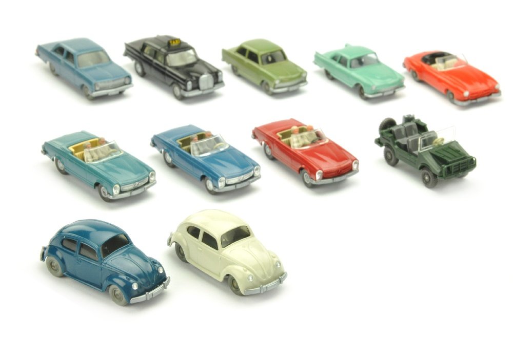 Konvolut 11 PKW der 60er Jahre: 301/3C, 301/3G, 345/1B, 362/1D, 365/1C, 366/3A, 379/1A, 386/1A, 389/2D, 389/3B, 389/4A, 330 EUR, sehr gut bis neuwertig (Wiking Konvolut)