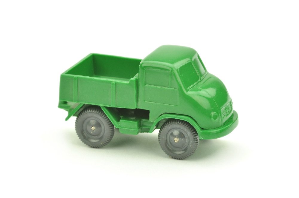 Unimog 401, gruen (ohne Schlepploch): aehnlich 480/1B, jedoch Chassisunterseite noch ohne Schlepploch (entspricht unbeschriftetem Werbemodell Unimog/1), komplett unbemalt, neuwertig (Wiking Unverglaster Rollachser)