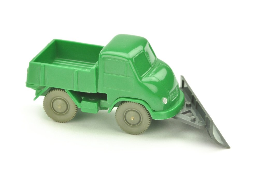 Unimog 401 mit Schneepflug, gruen: 481/2, Version mit Rueckleuchten, neuwertig (Wiking Unverglaster Rollachser)