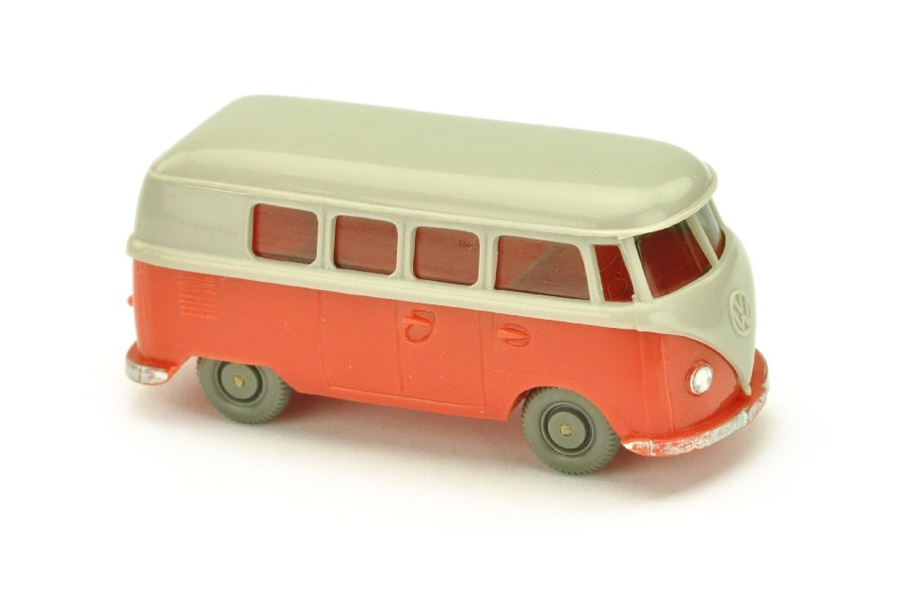 VW T1 Bus (alt), d'-achatgrau/rose: 323/1Q, buendig schliessender Spannungsriss im Oberteil unterhalb des hintersten Fensters der Fahrerseite, sonst sehr gut bis neuwertig (Wiking 2.Wahl)
