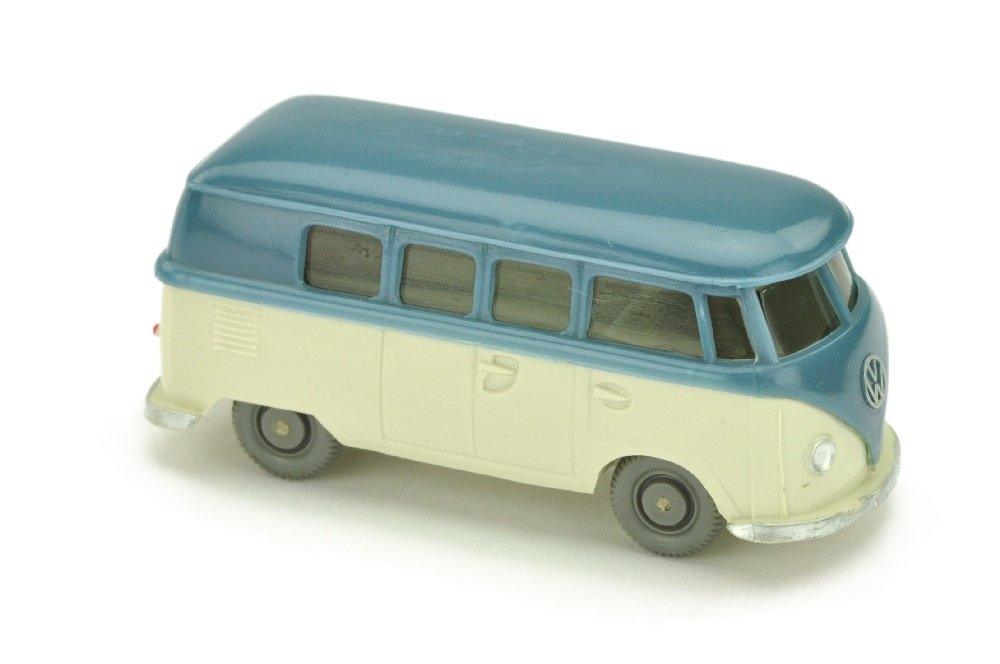 VW T1 Bus (alt), mattgraublau/perlweiss: 323/1, erhebliche Dachdelle, neuwertig (Wiking Verglaster PKW)