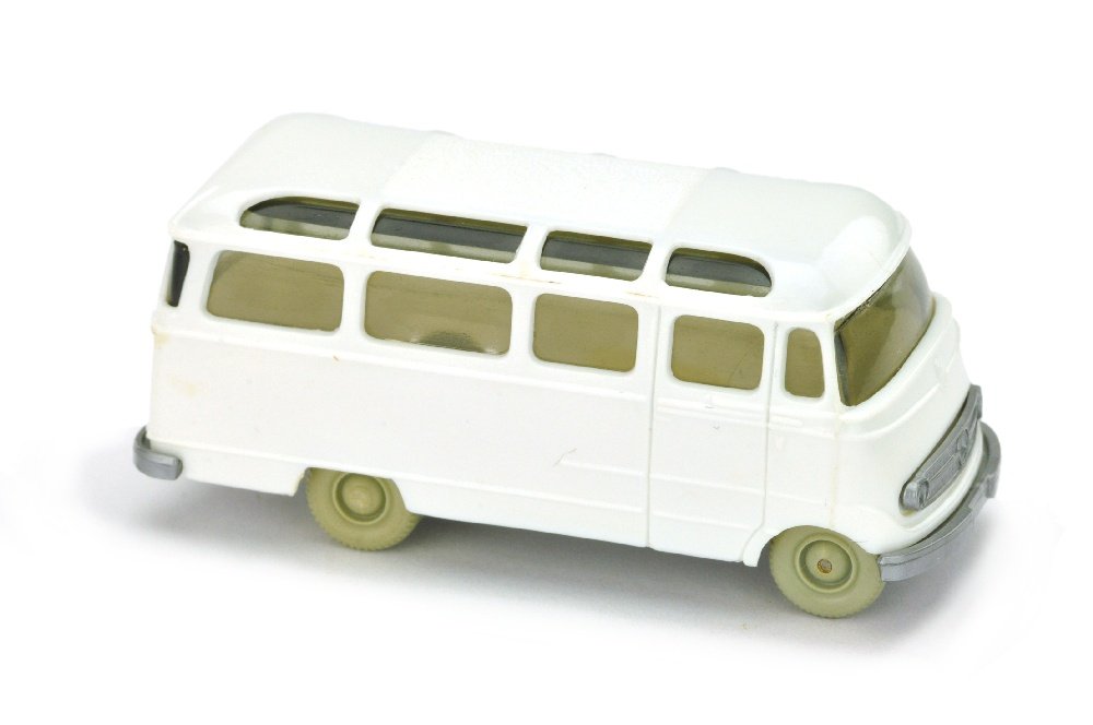 Mercedes L 319 Bus, weiss: 401/1G, nahezu unsichtbarer Spannungsriss an der vorderen Dachkante (nur bei Druck sichtbar), sonst sehr gut bis neuwertig (Wiking 2.Wahl)