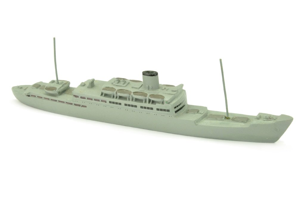 Passagierschiff Gneisenau/Scharnhorst: von Dr.Grope lackierte Version "grau ueber alles" auf Basis eines Wiking-Nachkriegsrohlings (mit BRT-Praegung), Masten in Bohrloecher eingesetzt, R 0, sehr gut (Wiking Schiffe)