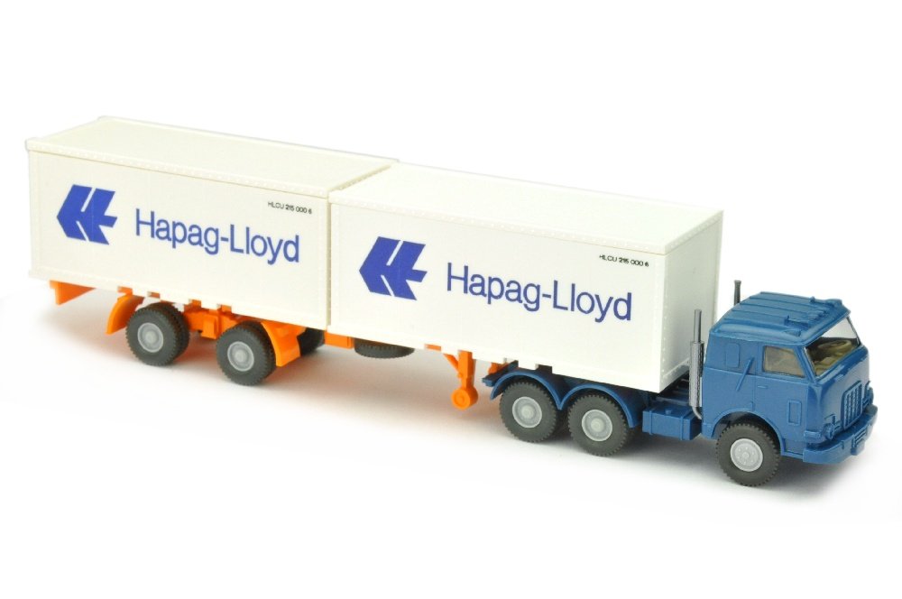 Hapag-Lloyd - 3-Achs-US-Zugmaschine, capriblau: Zugmaschine wie bei Werbemodell Unicorn, Auflieger und Container in gaengiger Serienversion, neuwertig (Wiking Werbemodell)