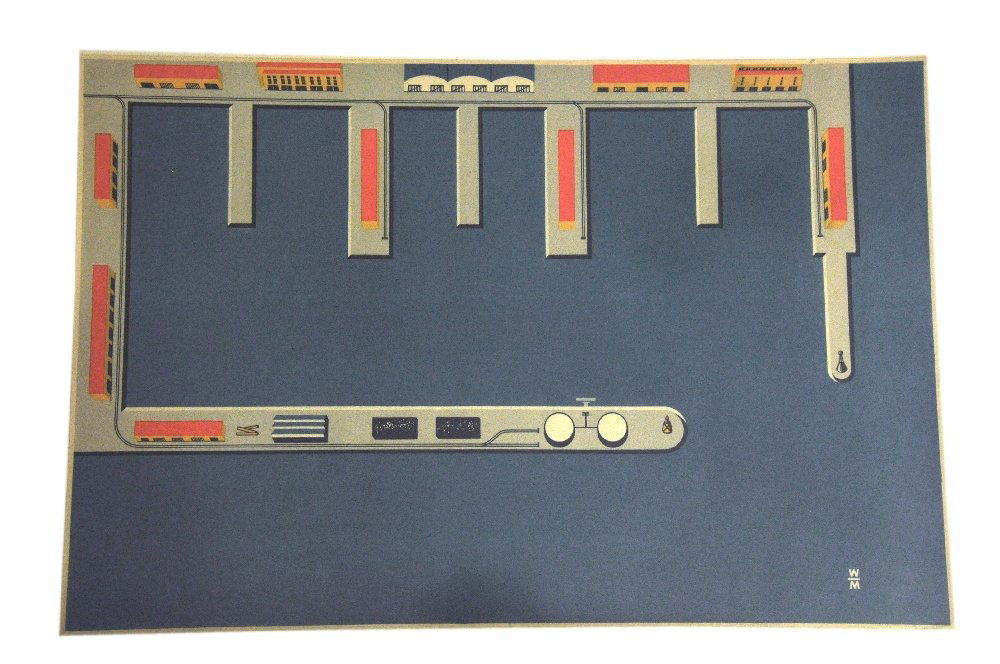 Hafenplan fuer Diorama-Platte (47x70 cm): Version aus duennem Papier zur Erstellung der Schaufenster-Hafenanlagen, um 1960, sehr gut bis neuwertig (Wiking Schiffe)