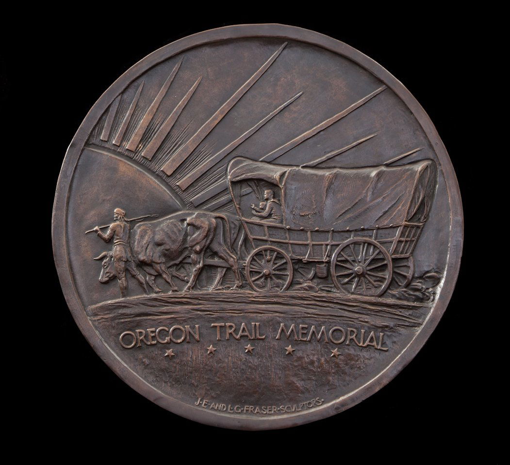 Bronze Plaque of American Settlers Going West: Bronze Plaque of American Settlers Going West, signed on bottom ''JE & LG Fraser Sculptors'', (James Earle & Laura G. Fraser, husband and wife, 20th C., no foundry mark), approx. 16-1/2'' in dia., wei