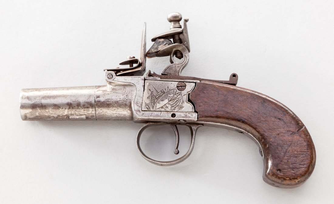 English Flintlock Screw-Barrel Muff Pistol: English Flintlock Screw-Barrel Muff Pistol, marked ''Wallis'', approx. .50 cal., 2'' barrel, possibly originally with a plated finish, one-piece bird's head type walnut grip, lightly engraved with Sta