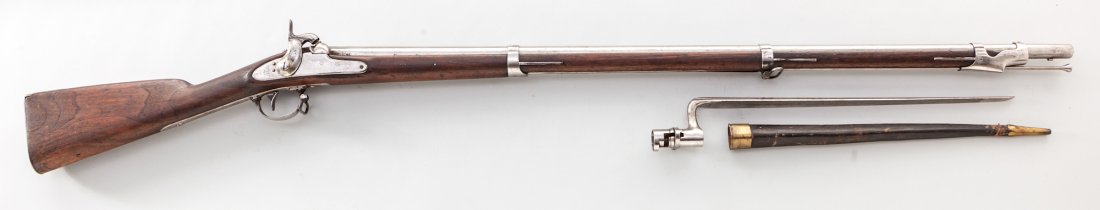 U.S. Model 1842 Percussion Musket: U.S. Model 1842 Percussion Musket, by Springfield Armory, NSNV, .69 cal., 42'' barrel, iron mountings, finished bright, walnut stock, three barrel bands, with bayonet and scabbard. Unaltered smoothbor