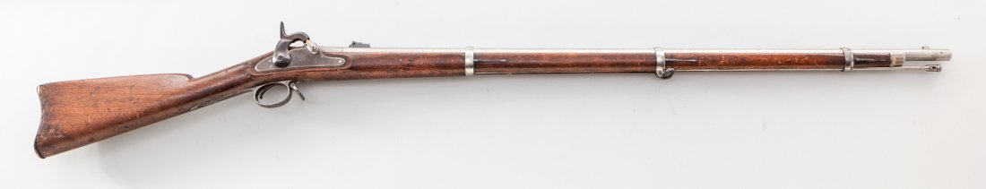 U.S. Springfield Model 1861 Musket: U.S. Springfield Model 1861 Musket, NVSN, .58 cal., 40'' three-banded barrel finished in the white, 1862 date to sideplate, lightly cartouched walnut stock. Condition is very good with lightly cleaned