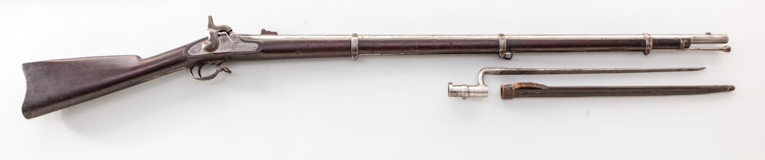 U.S. Model 1861 Percussion Rifled Musket: U.S. Model 1861 Percussion Rifled Musket, by North & Clement, .58 cal., 40'' barrel with three bands, with 1863 dated sideplate and top of barrel, eagle-''US'' just forward of hammer, and additionally