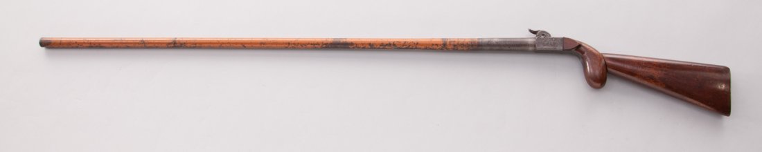 Belgian Made 3-Piece Poacher's Gun: Belgian Made Three-Piece Poacher's Gun, #2, 20 bore, 36'' barrel, 32'' detachable portion, removable buttstock, single shot percussion with folding trigger, tan painted barrel, walnut stock and pistol