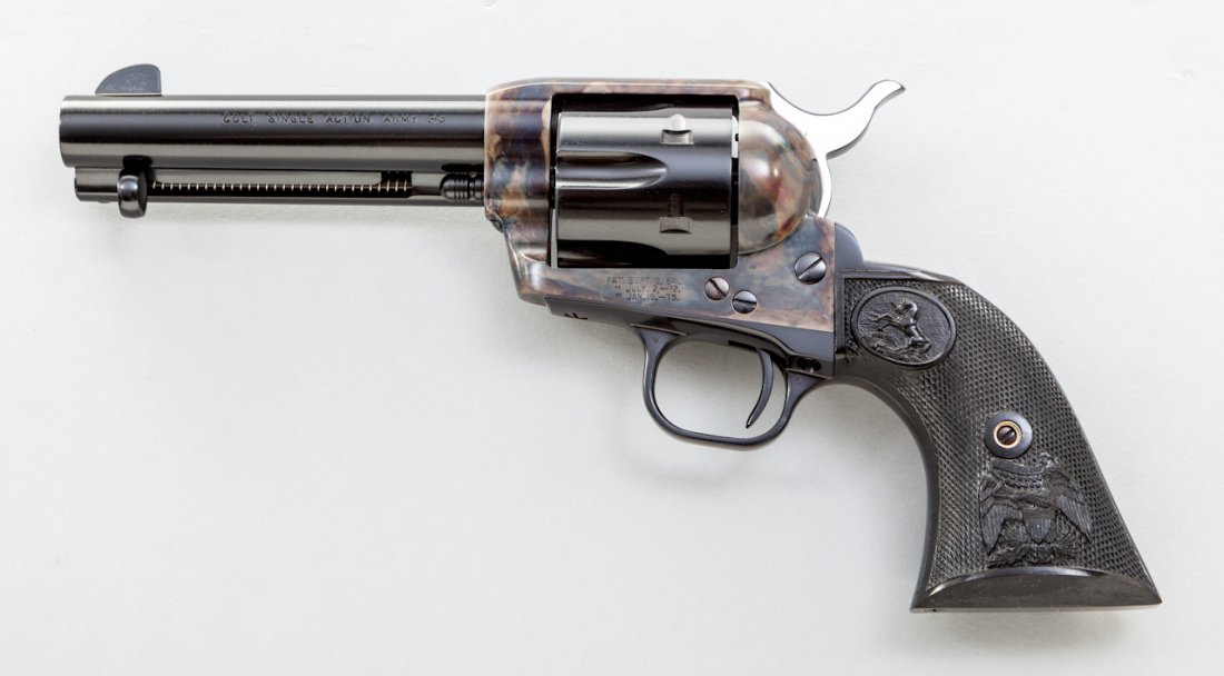 Late 3rd Generation Colt SAA Revolver: Late 3rd Generation Colt Single Action Army Revolver, #S43659A, .45 Colt cal., 4-3/4'' barrel, blue and case hardened finish, Colt factory checkered American eagle black plastic grips with Rampant Col