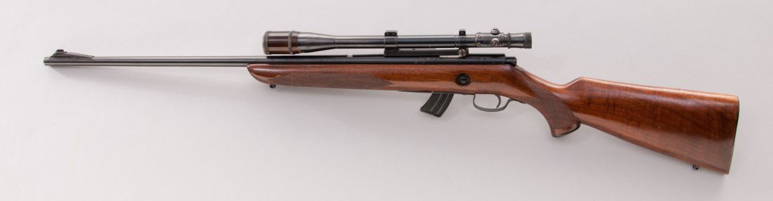 Winchester Model 75 Sporter: Winchester Model 75 Sporter Bolt Action Rifle, #55805, .22 cal., 24'' barrel, blue finish, factory checkered walnut stock, with Weaver Model 330 scope and Litschert Varmint Master objective magnifier,