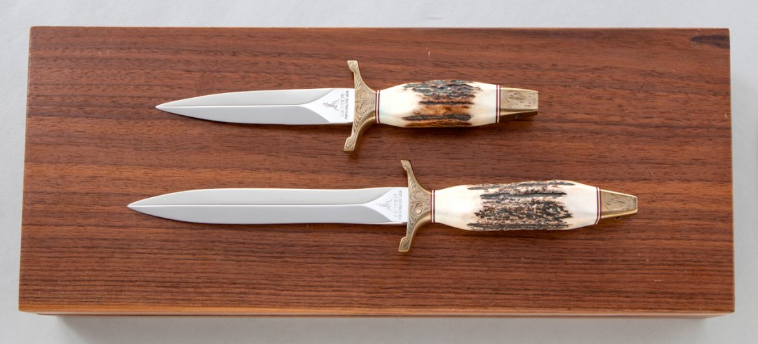 Lot of 2 Gerber MK I & MK II Fighting Knives: Cased Lot of Two (2) Matched Presentation Gerber MK I & MK II Fighting Knives, ''The President's Collection'', 1 of 1000, with Certificate of Authenticity signed by Pete Gerber. In fitted oak case. MK