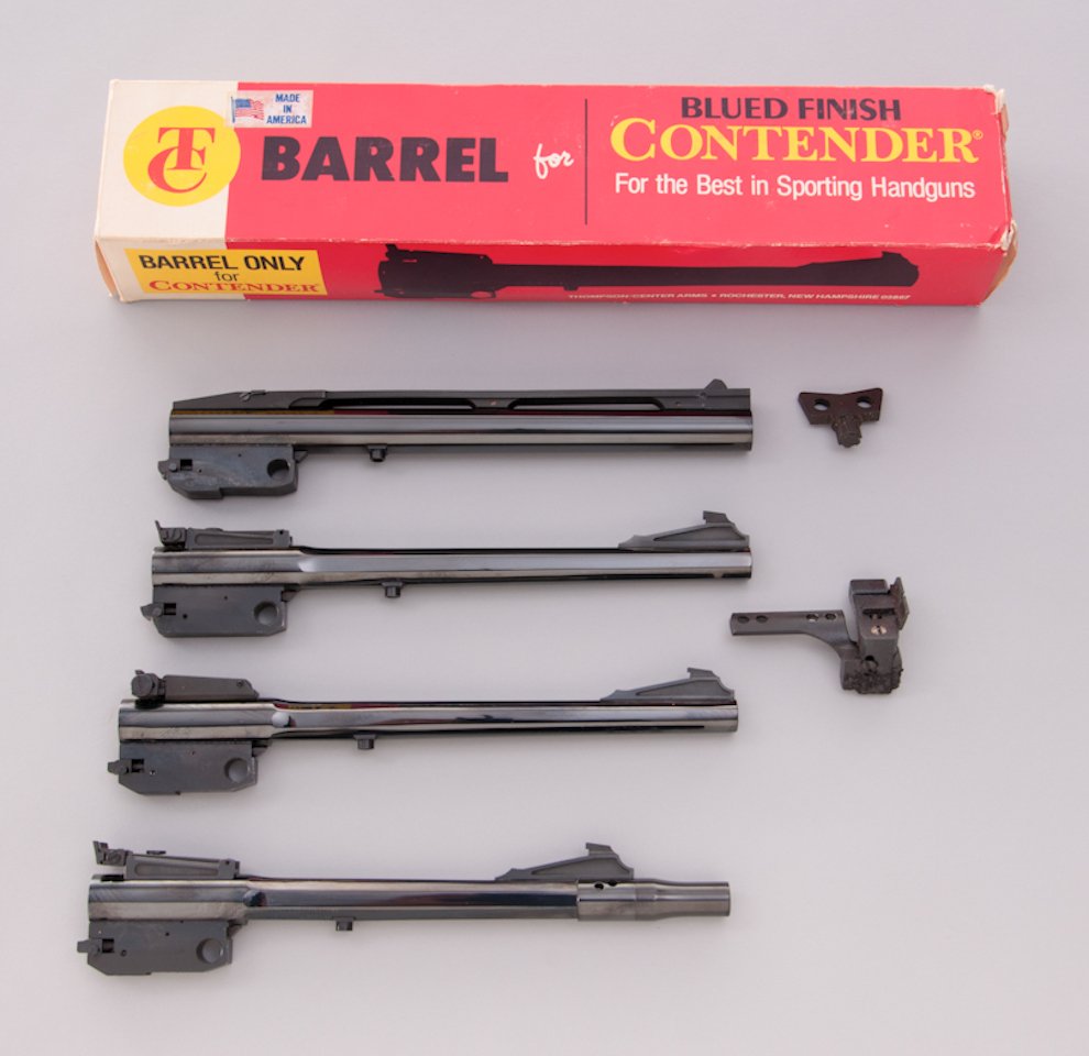 Lot of 4 Thompson Center Contender Barrels Only: Lot of Four (4) Thompson Center Contender Barrels Only: (1) .45 Colt cal., 10'', with vent rib, appearing as new in box. (2) .22 LR cal., 10'' octagon, with adjustable rear sight, near new showing onl
