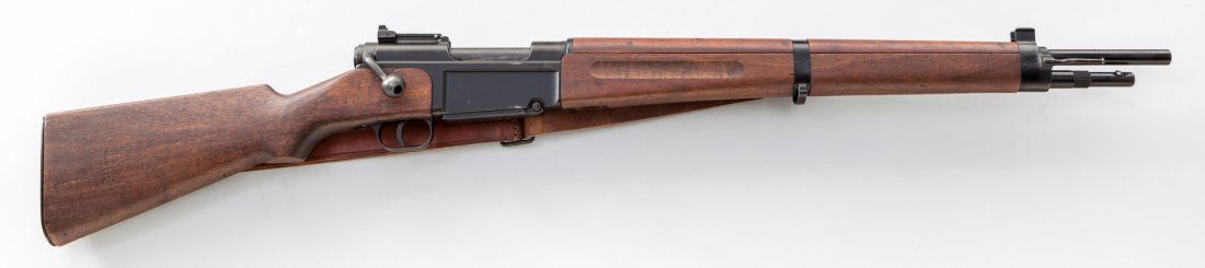 French MAS Model 36 Bolt Action Rifle: French MAS Model 36 Bolt Action Rifle, #g91765, 7.5x54 cal., 22-1/2'' barrel, black finish, phosphate bolt, cartouched walnut stock, forend and upper handguard, with sling. Condition is excellent, app