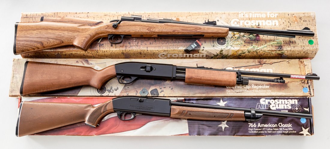 Lot of 3 Crosman Pellet Guns: Lot of Three (3) Crosman Pellet Guns: (1) Model 70, .177 cal. CO2, baked blue finish, hickory stock. (2) Model 622,.22 cal. CO2 air, blue finish, gumwood type stock, with associated paperwork. (3) Mod