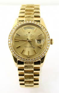 346: ROLEX PRESIDENT 1803 18KT GOLD DIAMOND BEZEL WATCH: Up for auction today we are happy to offer this very fine MENS ROLEX PRESIDENT 1803 18KT YELLOW GOLD DIAMOND BEZEL DAY DATE WRIST WATCH. THIS WATCH FEATURES AN ALL 18KT GOLD CASE AND BRACELET WEIGHING