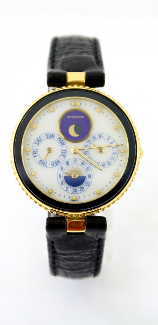 GERALD GENTA GEFICA 18KT G.3111.7 PERPETUAL MOON: MEN'S 18KT SOLID GOLD GERALD GENTA PERPETUAL CALENDAR MOONPHASE WRIST WATCH. This watch is reference G.3111.7 300/81065 serial number 49195. This watch features an extremely complicated self winding a