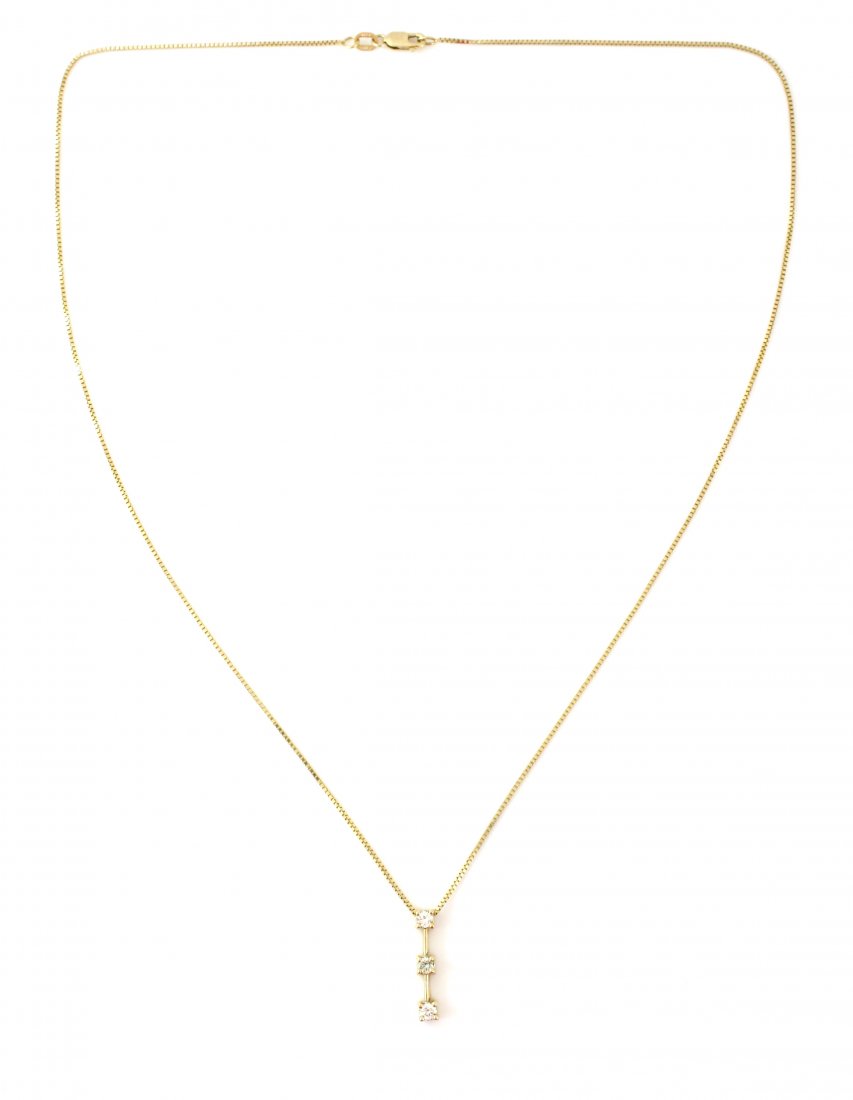14KT GOLD ANNIVERSARY DIAMOND PENDANT BOX CHAIN: A very fine 14kt solid yellow gold past, present, future anniversary diamond drop pendant with 14kt solid yellow gold box chain set. The diamond weigh approx .30 ctw, the diamonds are round brilliant