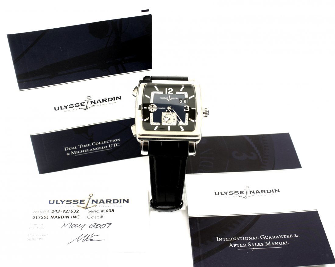 ULYSSE NARDIN QUADRATO 243-92/632 DUAL GMT WATCH: Up for auction today we are proud to offer this very fine Ulysse nardin quadrato watch. This watch is reference number 243-95/632 and features the dual time GMT movement. This watch is 42mm large size