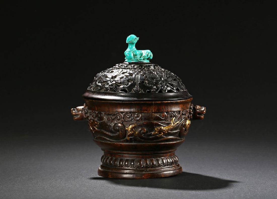 AN AGARWOOD 'MYTHICAL BEASTS' GILT-PAINTED CENSER (1 of 10)
