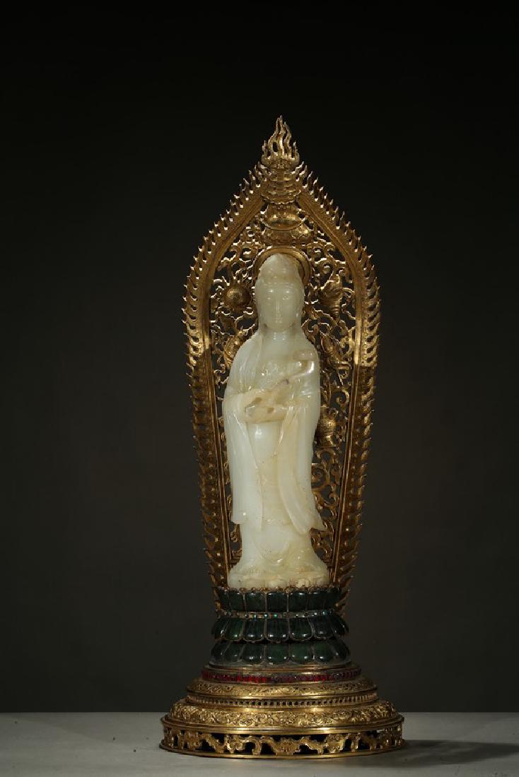 A JADE GUANYIN W/ GILT-BRONZE GEMS INLAID STAND (1 of 12)