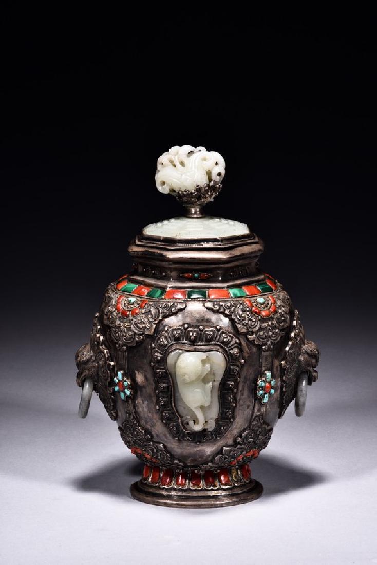 A SILVER WHITE JADE EMBELLISHED JAR AND COVER (1 of 9)