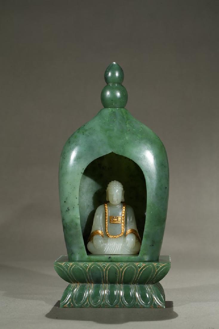 A SPINACH GREEN JADE PAGODA AND WHITE JADE BUDDHA (1 of 9)