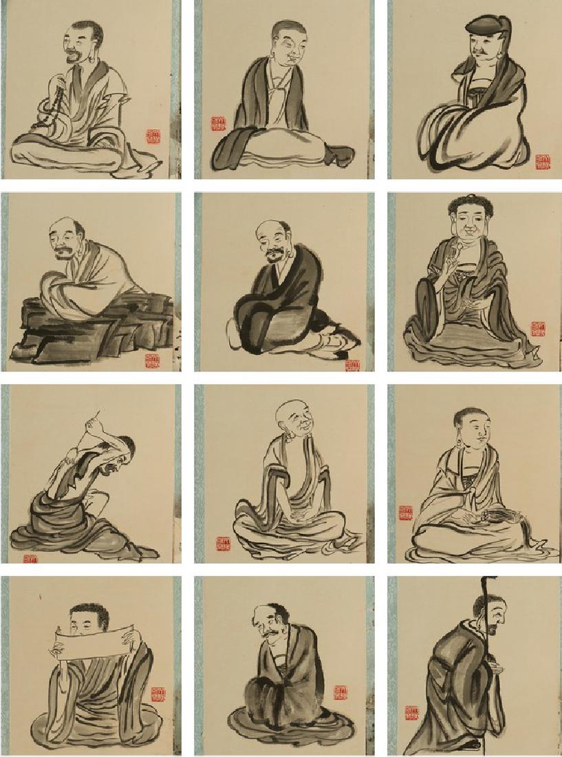 QI BAISHI: INK ON PAPER 'MONKS' ALBUM: Ink on paper. Monks. Twelve-leave album. Inscribed and signed, with fifteen seals of the artist. Colophon signed Qi Gong. Length: 11 5/8 in (29.5 cm) Width: 9 3/8 in (23.8 cm)