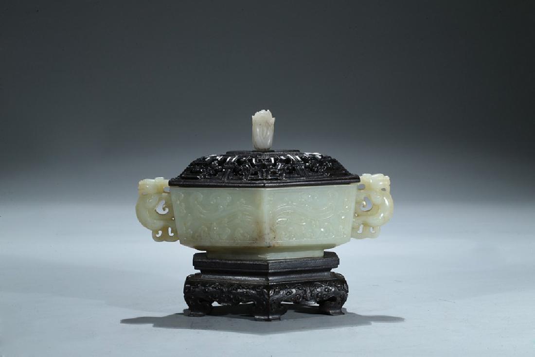 A JADE CARVED HEXAGONAL 'TAOTIE' CENSER (1 of 13)