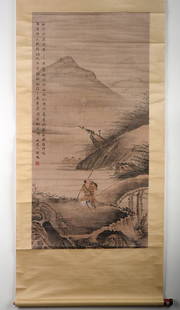 ZHANG FENG: COLOR AND INK ON PAPER PAINTING: Color and ink on paper. Figure and landscape. Hanging scroll. Inscribed and signed,with one seal of the artist. Length: 49 1/2 in (125.7 cm) Width: 24 1/4 in (61.6 cm)