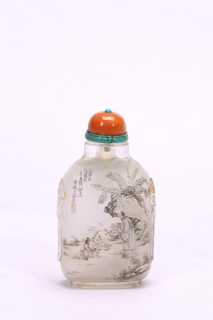 A CRYSTAL INSIDE-PAINTED SNUFF BOTTLE, WANG XISAN: 20th century. The crystal bottle is finely painted to one side depicting a standing elderly figure conversing with a boy squatting and holding a bucket next to a planter against a garden setting, the