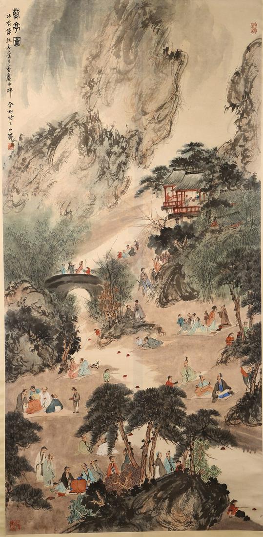 COLOR AND INK ON PAPER 'LITERATI GATHERING' PAINTING,: Color and ink on paper. Gathering of Literati at Lanting. Hanging scroll. Inscribed and signed Fu Baoshi, with three seal marks of the artist. Height: 55 1/8 in (140.0 cm) Width: 26 7/8 in (68.0 cm)