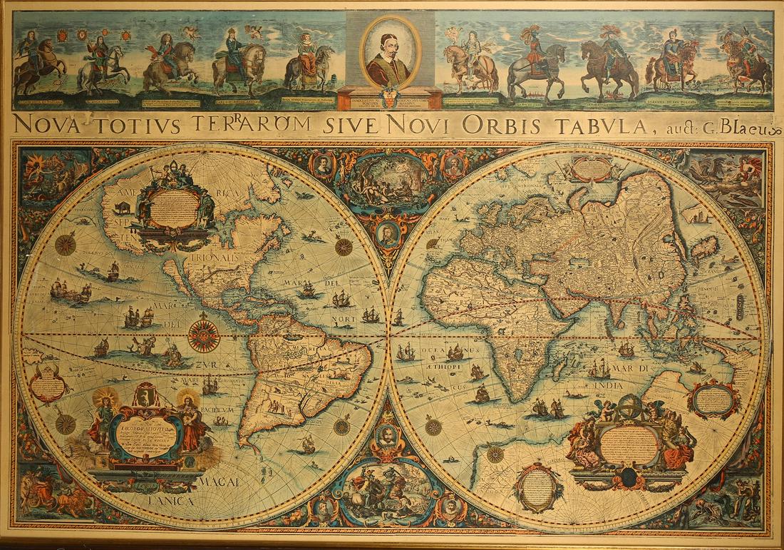 A DUTCH FRAMED 'NOVA TOTIVS TERRARVM ORBIS' MAP: Probably 17th century. A Framed 'Nova Totius Terrarum Orbis Geographica ac Hydrographica Tabula' world map Height: 46 1/8 in (117.2 cm) Length: 63 in (160.0 cm)
