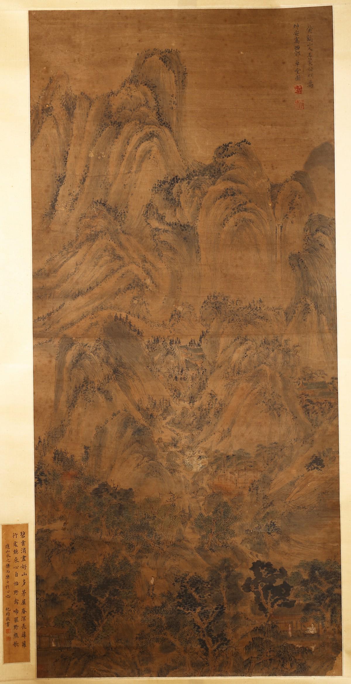 A COLOR & INK ON PAPER PAINTING IN STYLE OF WANG MENG: Color and ink on paper. Landscape. Hanging scroll. Inscribed and signed Wang Meng, with three seal marks. With colophon inscribed and signed Ji Jun, with two seal marks. Attributed to Wang Meng. Heigh