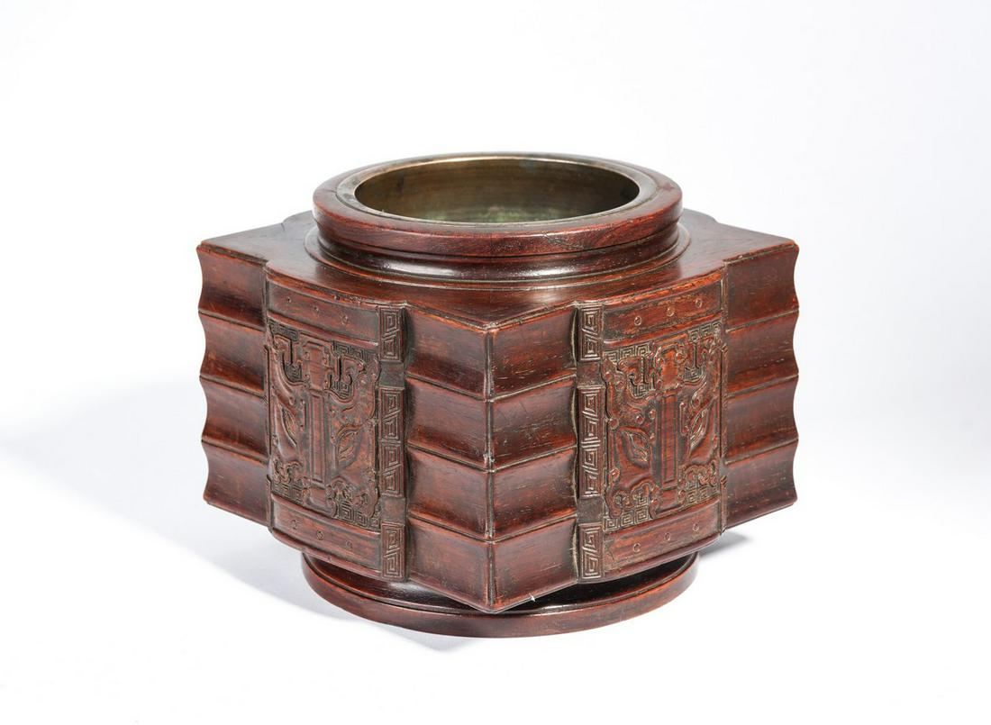 A RARE HUANGHUALI CARVED CONG FORM CENSER