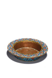 A CHINESE CLOISONNE ENAMEL 'DOUBLE VAJRA' WASHER: Chinese. The flat and everted rim enameled with continuous diamond shaped pattern, the base decorated with a buddhist double vajra motif. Ming Dynasty period, 16th century. Height: 1 3/8 in (3.5 cm) W