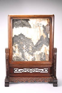 A LARGE CHINESE 'DREAMSTONE' HUANGHUALI TABLE SCREEN: Chinese. the attractive creamy white tone marble with brown and grey veinings,depicting an autumn landscape of mountains in the morning,inscribed Qiushan Chaohui and signed Tang Yin with one red seal